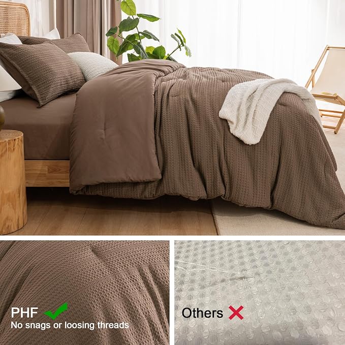 PHF Soft Waffle Comforter Set Twin Size- Comfy Breathable Waffle Weave Comforter with 1 Pillow Shams, 2 Pieces Less Snagging Lightweight Textured Bedding Set for All Season, Cocoa Brown