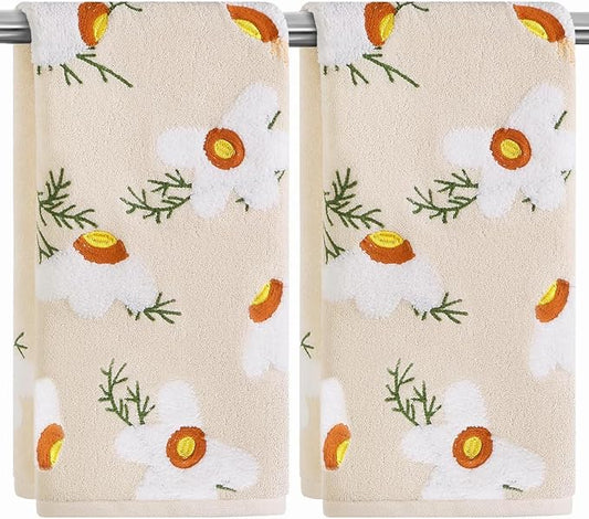 Quera 2 Pack Hand Towels Spring Summer Beige Embroidered Flower Daisy Farmhouse Boho Cotton Bathroom Decorative Towels Set for Bath Kitchen Home Decor Gifts, 13.7'' x 29.5''