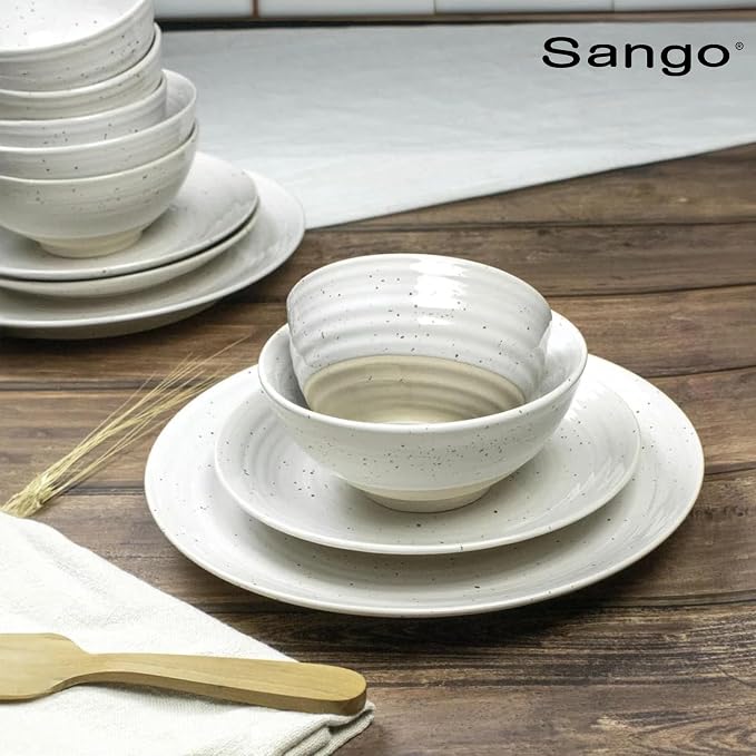 Sango Siterra 16-Piece Rustic White Stoneware Dinnerware Set – Service for 4, White with Glossy Speckle Overlay, for Everyday Dining & Entertainment, Microwave & Dishwasher Safe