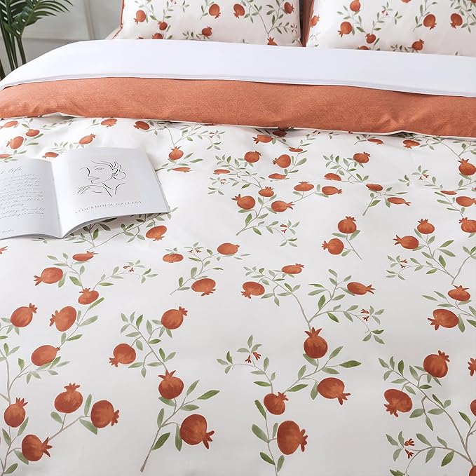 HoneiLife Fruits Duvet Cover King - 100% Cotton Comforter Cover 3-PC, Botanical Bedlinen Set with Zipper Closure & Corner Ties, Pomegranate Comforter Cover Sets