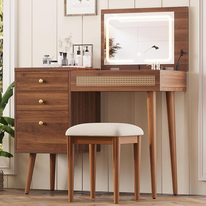 Mid-Century Modern Vanity Desk with Flip-Top Mirror and Lights 39" Brown Makeup Vanity Table with 3 Drawers 10 Compartments Wooden Legs Stool Retro Rattan Vanity Set for Girls,Walnut