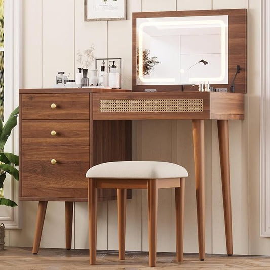 39" Wooden Makeup Vanity Set with 3 Rattan Drawer and Stool, Retro Walnut Dressing Table with Mirror and LED Lights, Vintage Bohemian Fluted Vanity for Bedroom Living Room
