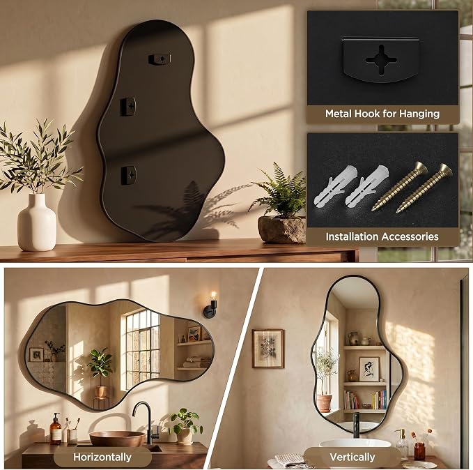 Irregular Wall Mirror, 26"x43" Black Abstract Asymmetrical Mirrors for Wall, Decorative Cloud Aesthetic Mirror for Bathroom, Bedroom, Cloakroom, Entryway, Shatter-Proof Aluminum Alloy Frame