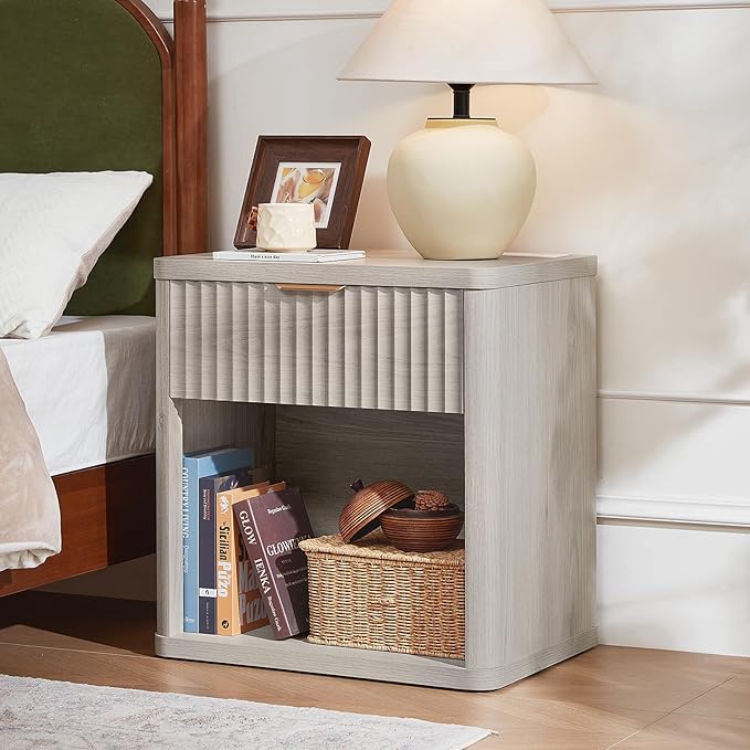 LEYAOYAO Fluted Farmhouse Nightstand Set of 2 with Charging Station, 23" Wide 1 Drawers Night Stand,LightGrey Dresser for Bedroom,Bed Side Table Chest of Drawers,Wood End Table for Living Room