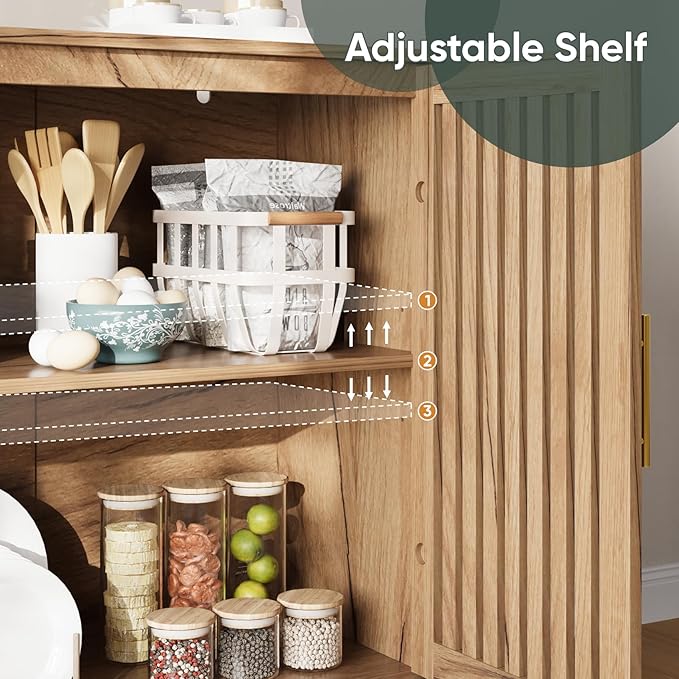 Smart FENDEE Sideboard Cabinet, 31.5" W Farmhouse Buffet Cabinet with Slatted Doors & Adjustable Shelf, Wooden Coffee Bar Storage Station for Kitchen, Dining Room, Living Room, Entryway, Natural