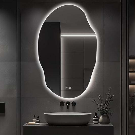 Asymmetrical LED Bathroom Mirror with Lights,Irregular Led Bathroom Vanity Mirror for Wall with Backlit, Anti Fog, 3 Colors and Dimmable Light,[Horizontal/Vertical] 48" H x 30" W