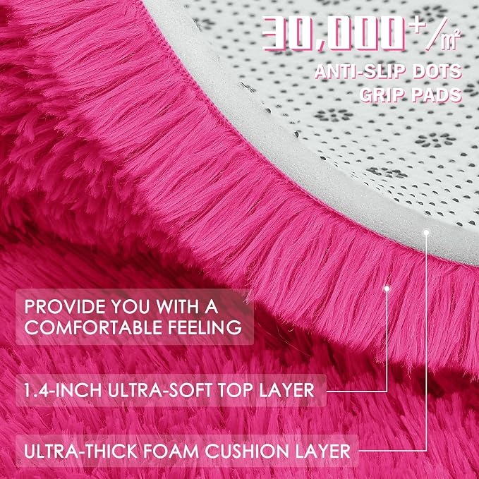 OLANLY Hot Pink Round Rugs for Bedroom - Machine Washable, 5 ft Circle Area Rugs for Living Room, Soft and Fluffy Shaggy Carpet for Teen Girls and Boys, Nursery Rooms, Dorms, Home Decor Aesthetic