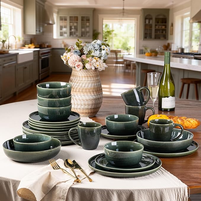 GBHOME Ceramic Dinnerware Sets for 8, 24 Pieces Stoneware Plates and Bowls Sets, Reactive Glaze Dishes -Scratch Resistant, Dishwasher&Microwave Safe, Earth Green
