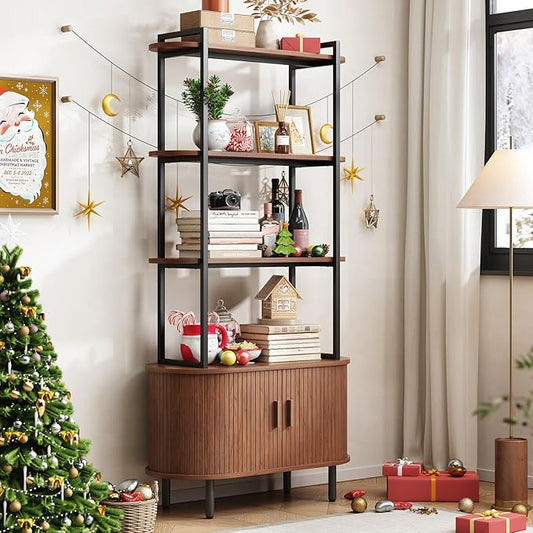 ONBRILL 71" Tall Bookshelf, 4-Tier Book Shelf with Storage Cabinet, Modern Bookcase with Sliding Door and Adjustable Footpad, Freestanding Storage Organizer Bookshelf for Living Room, Bedroom, Walnut