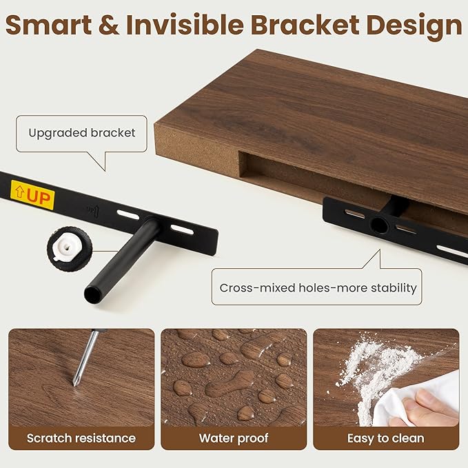 72 Inch Floating Shelves for Wall, 8 Inch Deep Floating Shelf for Storage & Display, Rustic Wall Mounted Shelf with Invisible Brackets for Living Room, Kitchen, Bathroom, Home Decor, Set of 2, Walnut