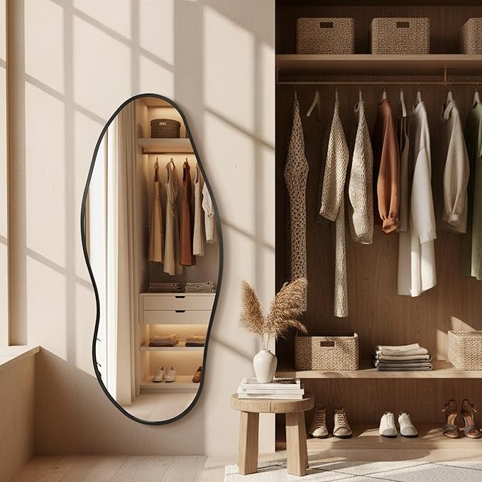 Mirror Full Length - Irregular Full Body Wall Mirror Hanging 55"x 23" Asymmetrical Aviation Aluminum Alloy Frame Unique for Bedroom, Living Room, Cloakroom, Entryway