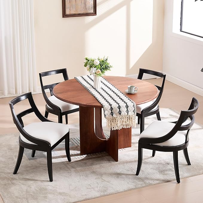 Modern Farmhouse Dining Chairs Set of 2 Mid Century Upholstered Dining Chair with Wooden Curved Back Kitchen Chairs for Dining Room Restaurant Cafe, Black-Linen Beige