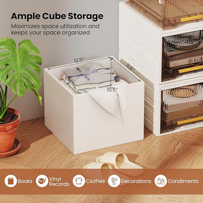 Giantex 2-Cube Bookcase, Stackable White Cube Storage Organizer w/Open Bookshelf, Wooden Display Shelving Unit for Small Space, DIY Modular Cubby Storage System for Home, Study, Living Room