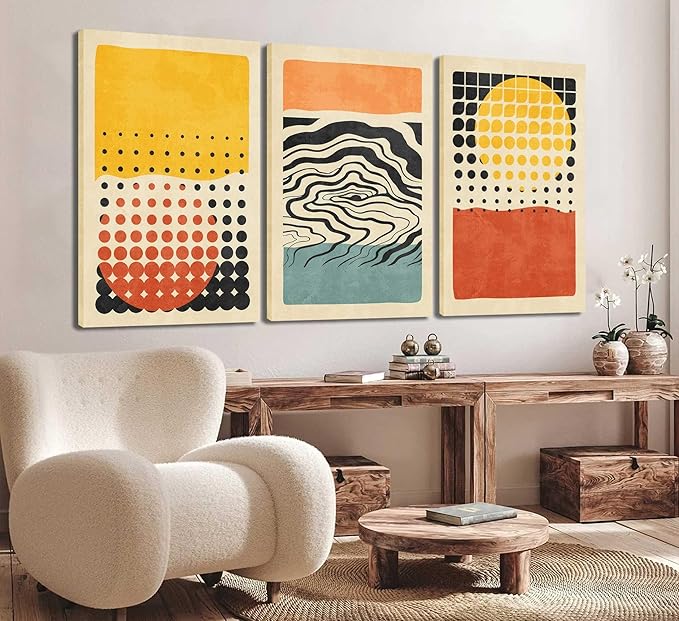 3Pcs Abstract Color Blocks Wall Art Mid Century Geometric Illustrations Posters Prints Boho Neutral Block Painting Pictures Colorful Minimalist Blocks Canvas for Room Office Wall Decor Framed