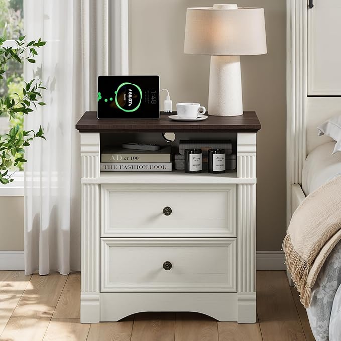 White Nightstand with Charging Station, Farmhouse Bedside Table & End Table with 2 Drawers and Chic Wood Pilasters Design, Side Table Storage Cabinet with Metal Handles for Bedroom, Living Room