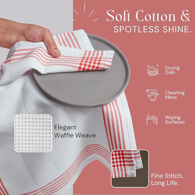 Waffle White & Red Kitchen Dish Towels, Set of 4, 100% Cotton 16x26 inches, Absorbent Tea Towel, Multi-Purpose Hand Cleaning Towel, Strong and Reusable Dish Cloths for Drying Dishes