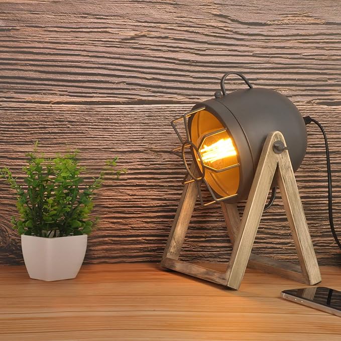 COSYLUX Vintage Table Lamp Grey Old Wood, Retro Searchlight Desk Light for Rustic Decor, Farmhouse Cage Cinema Adjustable Industrial Bedside Lighting for for Loft, Studio, Bedrooms (with no Bulb)