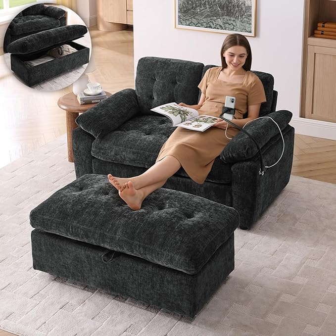 Oversized Chaise Lounge Chair Indoor, Double Convertible Recliner Reading Arm Sofa Chair W/Adjustable Backrest & Charging Port Couch Bed for Living Room, Home Theater & Bedroom, Black