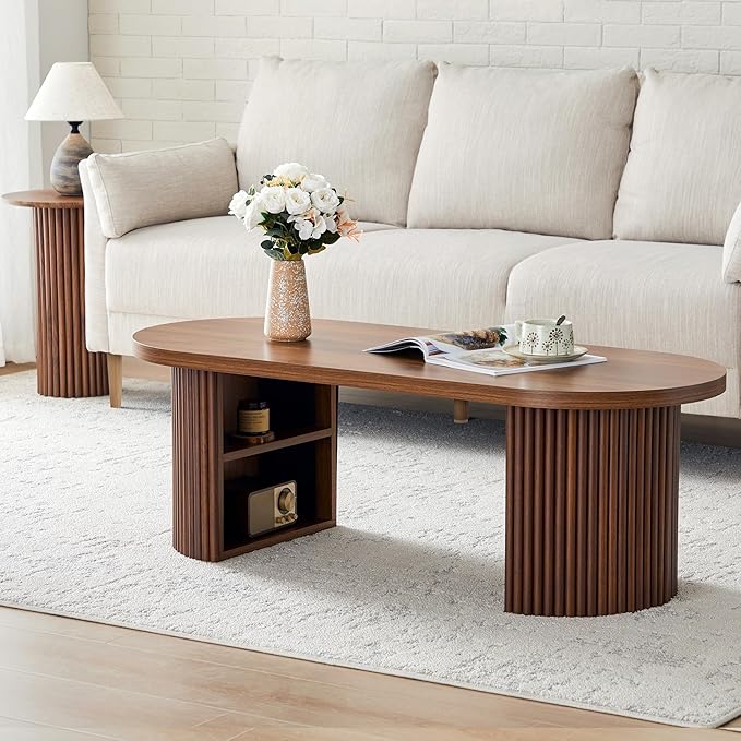 Oval Fluted Coffee Table, 47" Farmhouse Wood Coffee Table Mid Century Modern Center Table Boho Living Room Tables for Living Room Office,Walnut