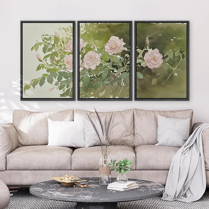 wall26 Framed Print Wall Art Set Blush Pink Rose Garden Botanical Decorative Minimal Relax/Zen for Living Room, Bedroom, Office - 16"x24"x3 BLACK