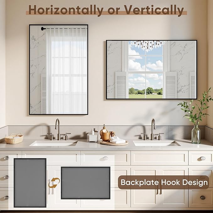 Bathroom Mirrors for Over Sink 24" x 36", Black Metal Frame Rectangle Wall Mirror, Modern Farmhouse Vanity Mirror(Horizontal/Vertical)