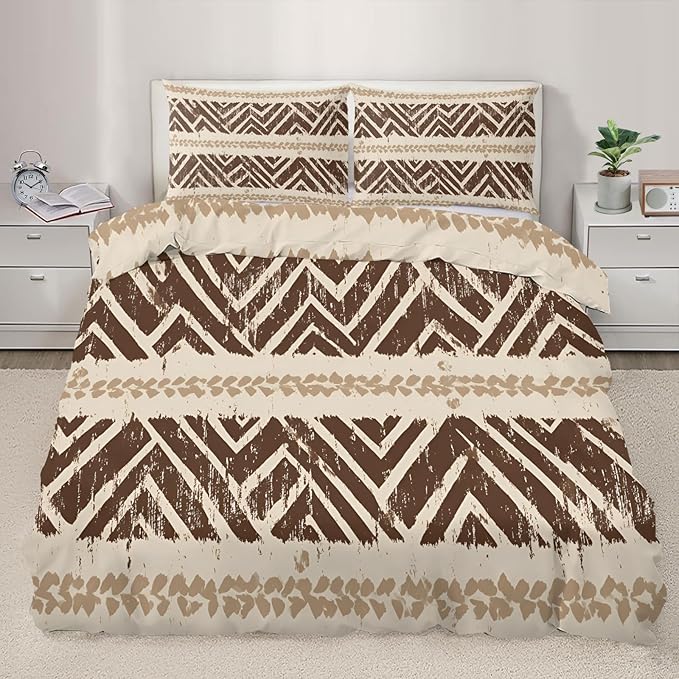Geometric Aztec Duvet Cover Full Size, Boho Aztec Bedding Set 3 Piece, Bohemian Striped Patterned Comforter Cover with Zipper Soft Microfiber, 2 Pillowcases