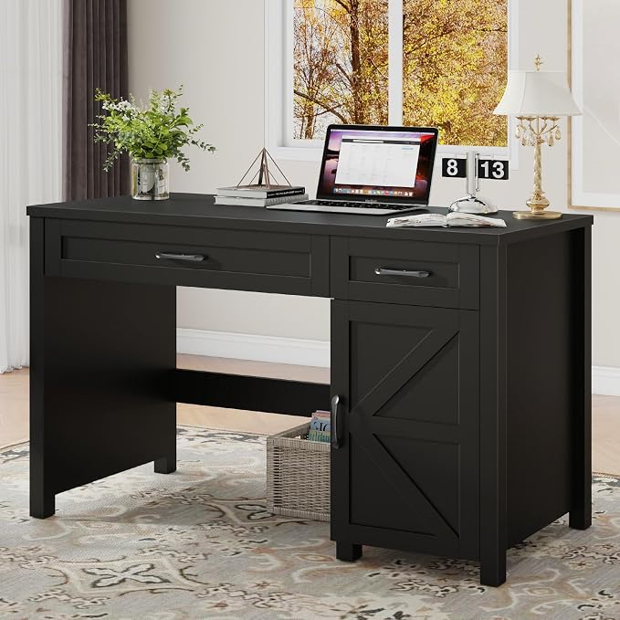 Vabches Farmhouse 47" Executive Desk, Computer Desk with Drawers and Storage Cabinet, Workstation for Home Office and Study.(Pure Black)