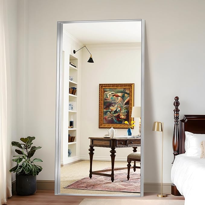 CIRCUMI Silver Bathroom Mirror, 72"x36" Rectangular Mirror with Deep Metal Frame, Brushed Finish, Tempered Glass, Large Mirror for Wall, Over 2 Sinks, Installed Vertically/Horizontally, Crystal-Clear