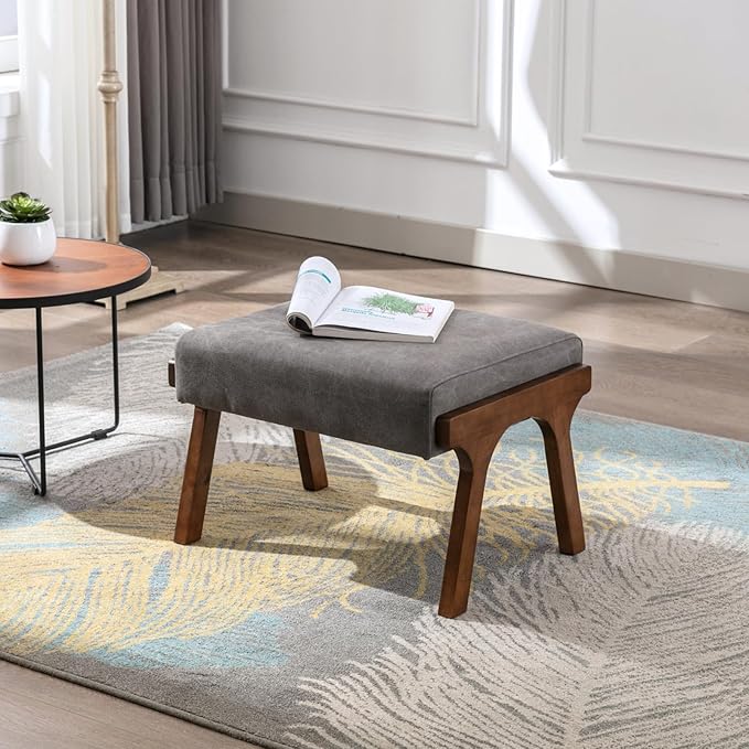 chairus Mid-Century Modern Accent Chairs with Ottomans Set of 2, Comfy Upholstered Lounge Armchairs with Solid Wood Frame, Reading Chairs for Living Room Bedroom Office, Grey Denim Fabric
