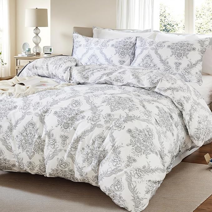 100% Cotton Duvet Cover Set Queen Size – Elegant Damask Print, Soft & Breathable Bedding with Zipper and Corner Ties, 3-Piece Reversible Comforter Cover Set