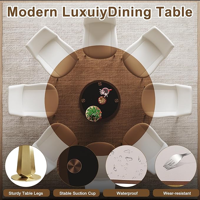 Montary 53 inch Luxury Round Dining Table Set with Smoked Glass Top & Gold Stainless Steel Base, Modern 9-Piece Kitchen Set for 4-8 People, Dining Table with 8 White PU Chairs, Easy Assembly