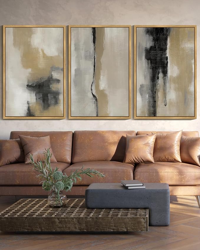 KUVIOKE Black Abstract Framed Wall Art Neutral Graffiti Pastel Minimalist Wall Decor Modern Art Painting for Bedroom Living Room 24x36in (Natural Framed)