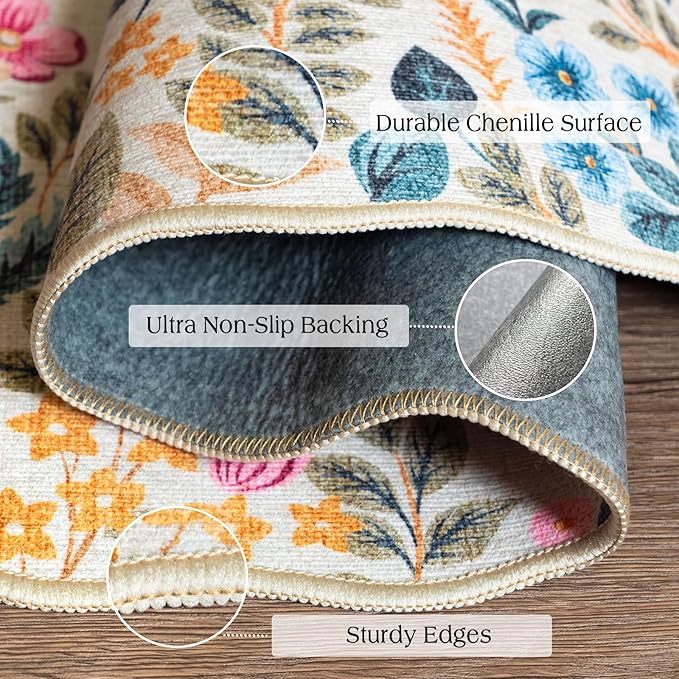 Colorful Floral Entry Rug - 3x5 Ft Washable Indoor Outdoor Front Door Mat Outside Entrance Front Porch Mat Non-Slip Boho Throw Rugs for Living Room Bedroom Entryway Kitchen Office Porch Decor
