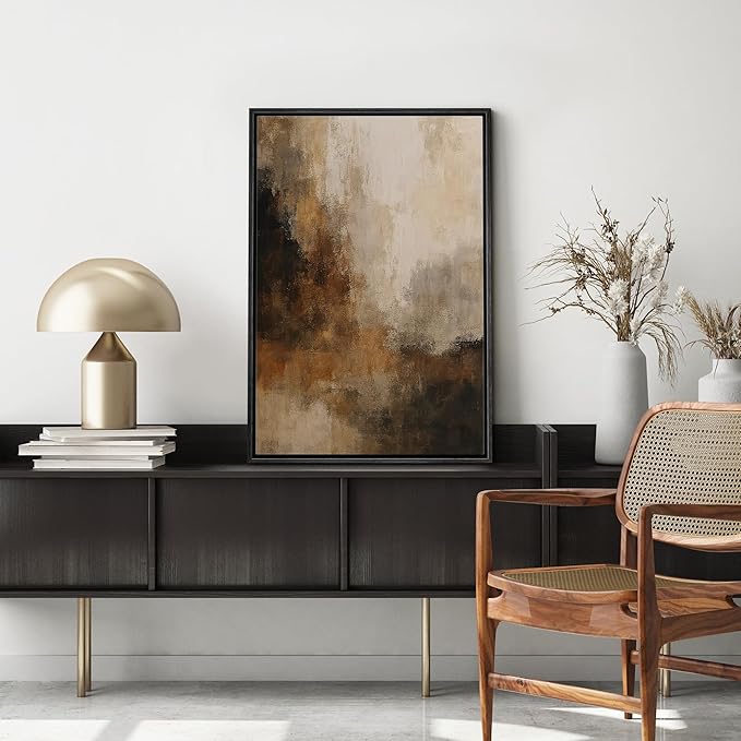 MUDECOR Framed Canvas Print Wall Art Rustic Brown Neutral Abstract Contemporary Minimalist Illustrations Fine Art Decorative Zen Multicolor Country/Farmhouse Retro for Bedroom - 24"x36" BLACK