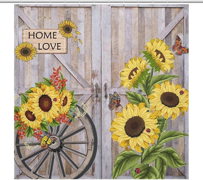 Rustic Sunflowers Butterfly Shower Curtain, Wooden Board Western Barn Door Farmhouse Vintage Daisy Floral Botanical Waterproof Shower Curtains for Bathroom Decor 12 Pack Hooks 72x72in (183x183cm)