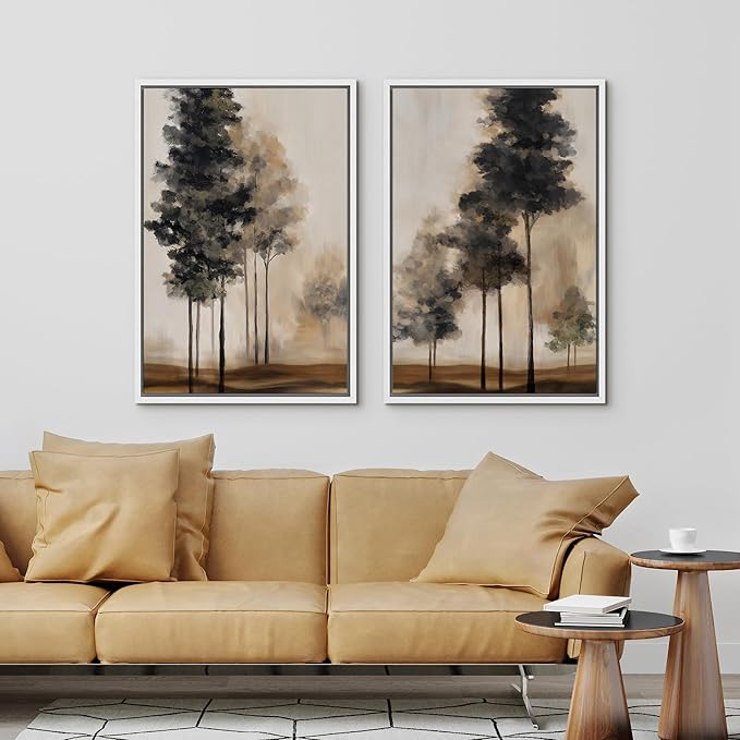 IDEA4WALL Framed Canvas Print Wall Art Set Misty Forest Tree Landscape Neutral Brown and Black Illustrations Modern Art Decorative Calm/Zen for Living Room, Bedroom, Office - 16"x24"x2 White