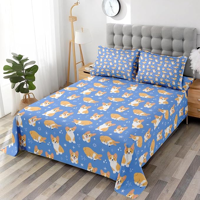 Pamnest Twin Size Bed Sheet Sets, Kawaii Cute Corgi Soft Microfiber 3 Pcs Bedding Sets for Kids and Adults Bedroom Bed Decor, Dog Animal Flat, Fitted Sheet and Pillowcases