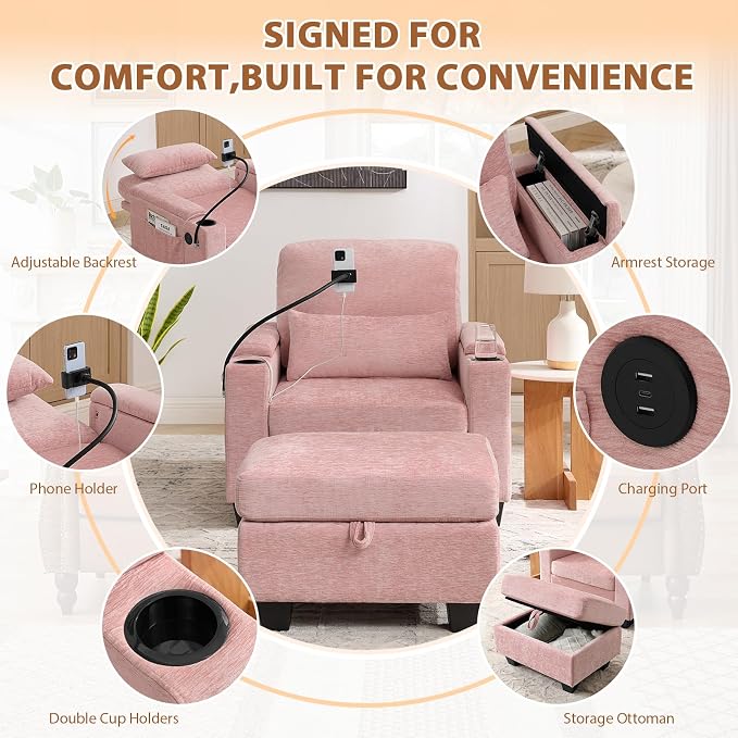 Oversized Chaise Lounge Chair Indoor, Single Convertible Recliner Reading Arm Sofa Chair W/Adjustable Backrest & Charging Port Couch Bed for Living Room, Home Theater & Bedroom, Pink