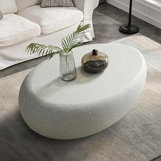 Oval Coffee Table Faux Stone Table Outdoor Irregular Coffee Table Contemporary Center Table for Living Room Apartment Indoor, No Need Assembly (43.31'' Matte Beige)