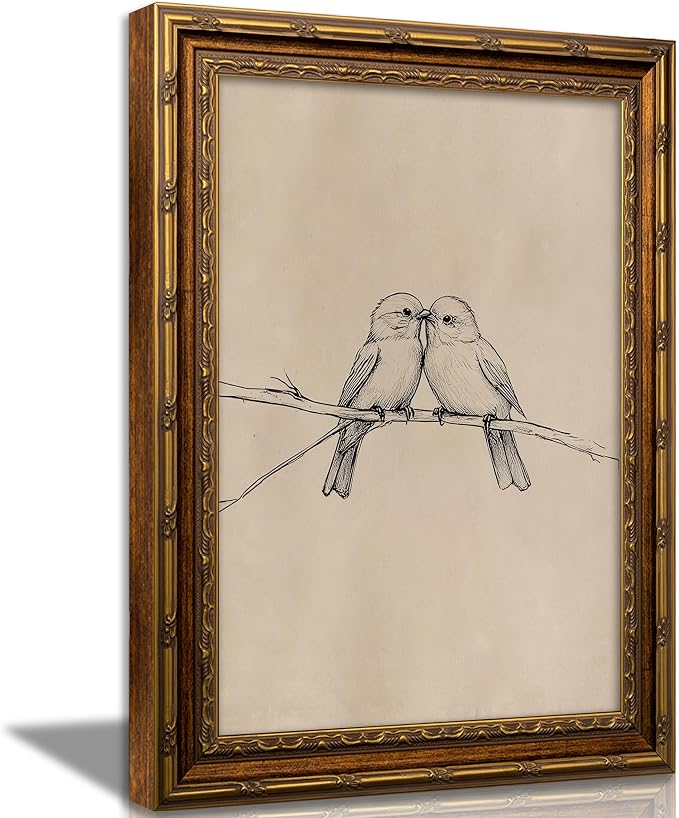 Vintage Gold Framed Bird Canvas Wall Art Two Birds Sketch Wall Decor Vintage Farmhouse Sketch Animals Artwork Retro Birds Painting Retro Rustic Print for Farmhouse Bedroom Living Room 9X11in