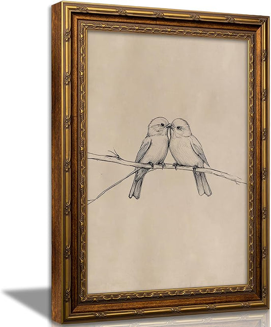 Vintage Gold Framed Bird Canvas Wall Art Two Birds Sketch Wall Decor Vintage Farmhouse Sketch Animals Artwork Retro Birds Painting Retro Rustic Print for Farmhouse Bedroom Living Room 9X11in