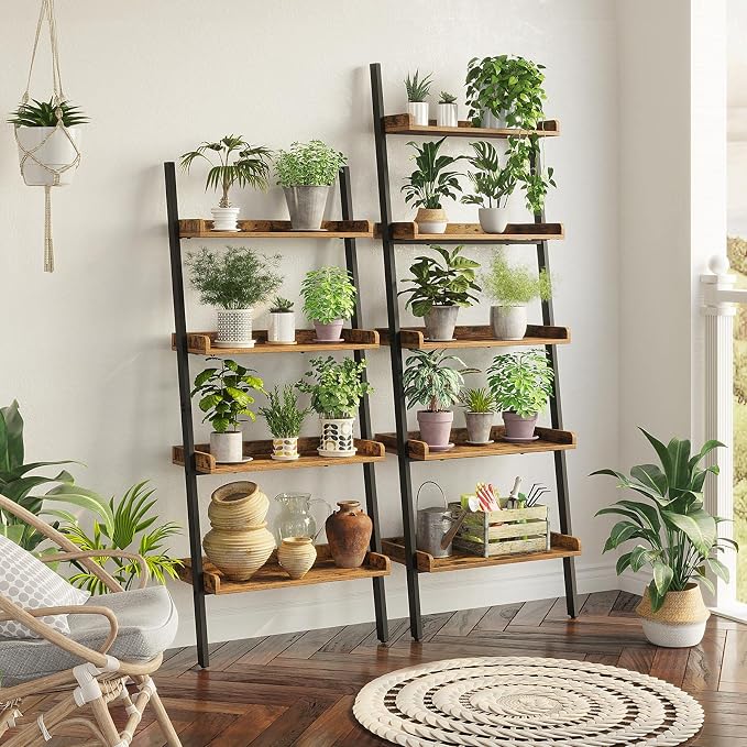Rolanstar Bookshelf 4-Tier, Open Wall Mount Ladder Bookshelf, 71.8’’H Industrial Etagere Bookcase, Freestanding Bathroom Storage Rack Plant Stand for Living Room, Bedroom, Office, Rustic Brown