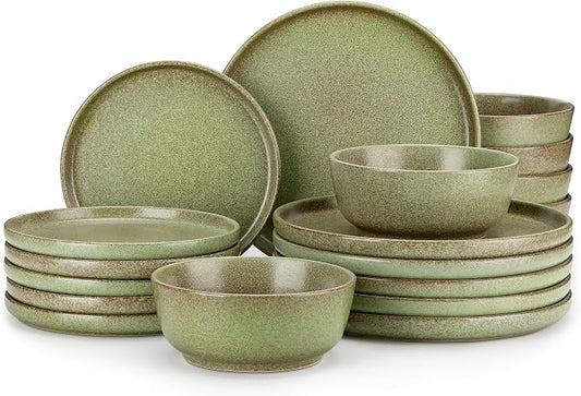 vancasso Plates and Bowls Sets, 18 Pieces Stoneware Dinnerware Set for 6, Ceramic Dish Set for Kitchen, Microwave and Dishwasher Safe, Mossy Green, Series ZERMATT