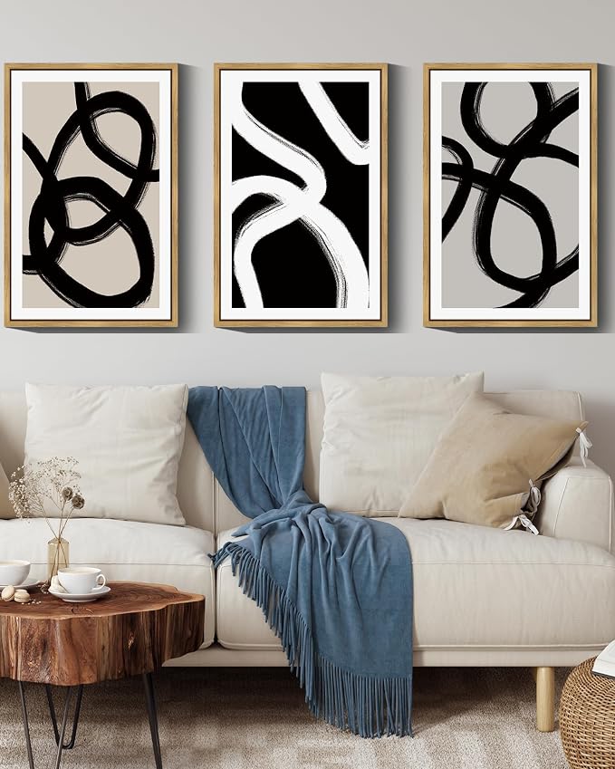 Drsoum Lager 16x24in Black Abstract Framed Wall Art Decor Duotone Minimal Dark Brush Stroke Prints Shapes Illustrations Modern Art Decorative Ready To Hang - Natural Framed