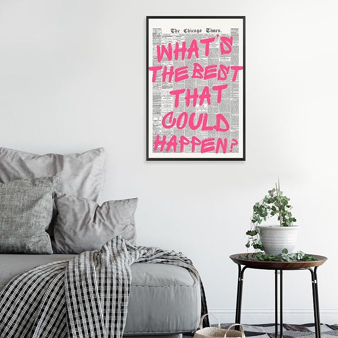 Whats The Best That Could Happen Wall Art Retro Newspaper Pink Font Canvas Poster Positive Affirming Quote Minimalist Prints Painting For Home Bedroom Dorm Wall Decor Aesthetics 12x16in Unframed