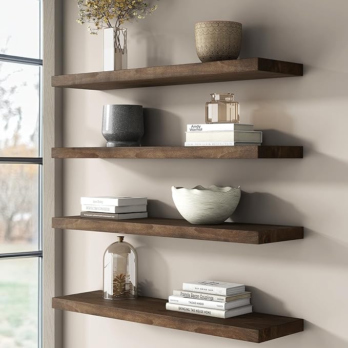 Reclaimed Elm Wood Floating Shelves for Wall, Flat Edge 24"W x 9.2"D x 1.4"H, Set of 2 with Invisible Bracket, Wall Mounted Shelves for Living Room Bedroom Kitchen Bathroom Decor, Walnut Finish