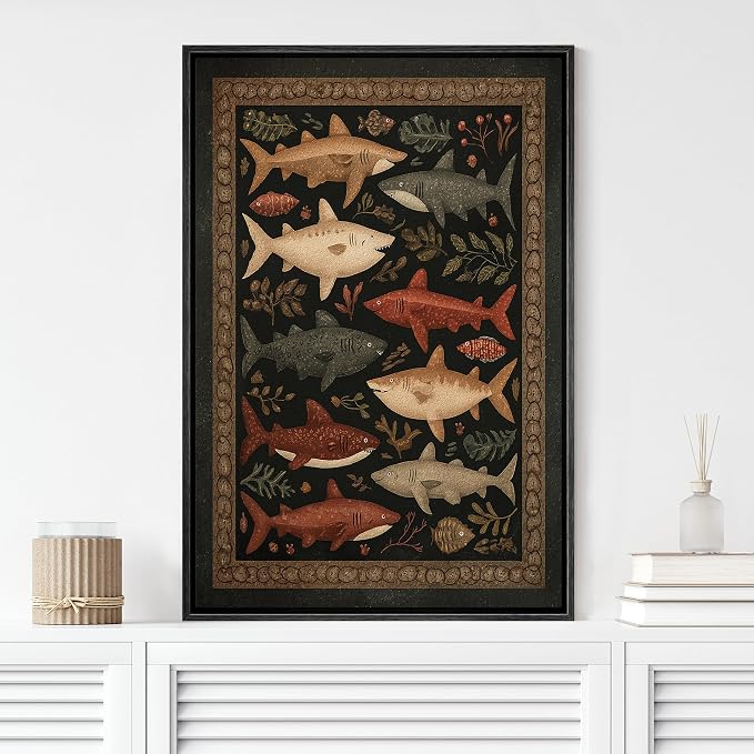 MUDECOR Framed Canvas Print Wall Art Vintage Folk Style Shark Pattern Illustrations Minimalism Decorative Bohemian Colorful Zen for Living Room, Bedroom, Office - 24"x36" NATURAL