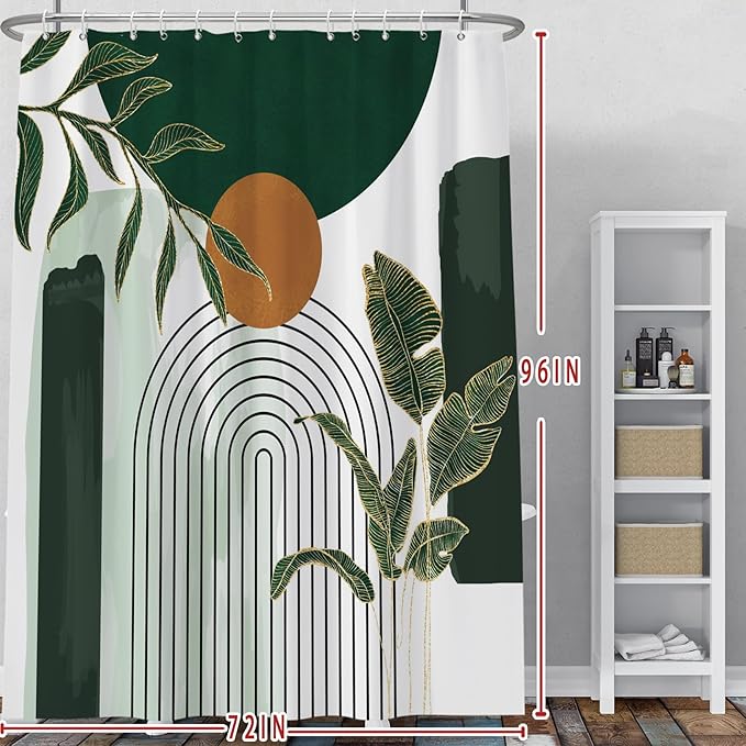 Baocicoo Abstract Mid Century Shower Curtain Bohemia Tropical Leaf Modern Minimalist Bathroom Green Bath Accessory Art Decor Fabric Durable Shower Curtain with Hooks 72x96 Inches