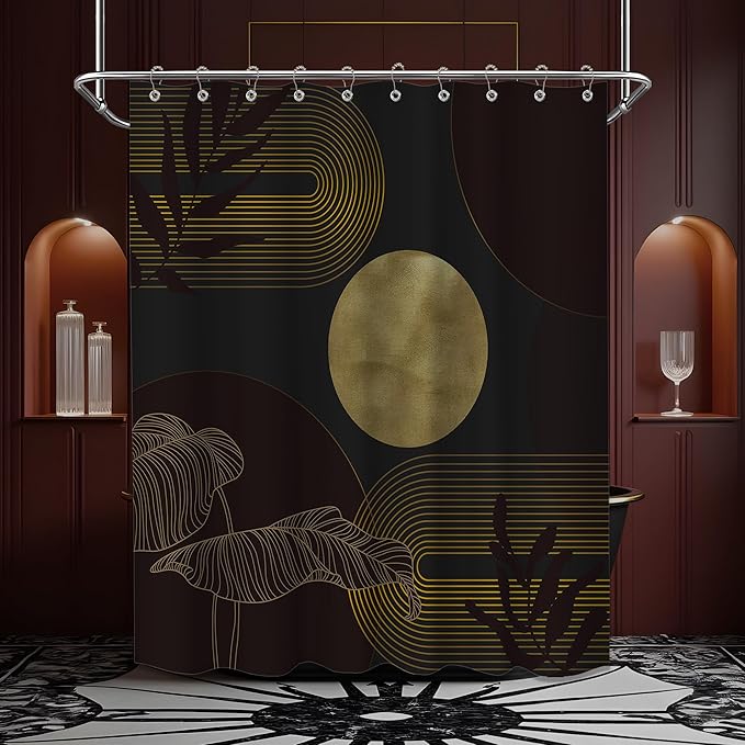 Black Dark Red and Gold Shower Curtain Burgundy Modern Shower Curtains for Bathroom Decor Boho Mid Century Bath Curtain Set, Waterproof Fabric with Hooks 60 x 72 Inch