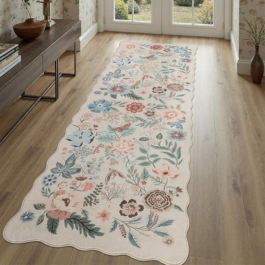 DCX Beige Floral Rug 2x6, Washable Beige Rug for Living Room, Kid & Pet Friendly with Rubber Back Non Slip, Soft Low Pile Carpet, Stain Resistant Rug for Bedroom, Nursery, Dining Room